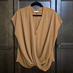 Lush Flowy Drape Button Up Double V Neck Mustard Yellow Twist Fall Chic Medium